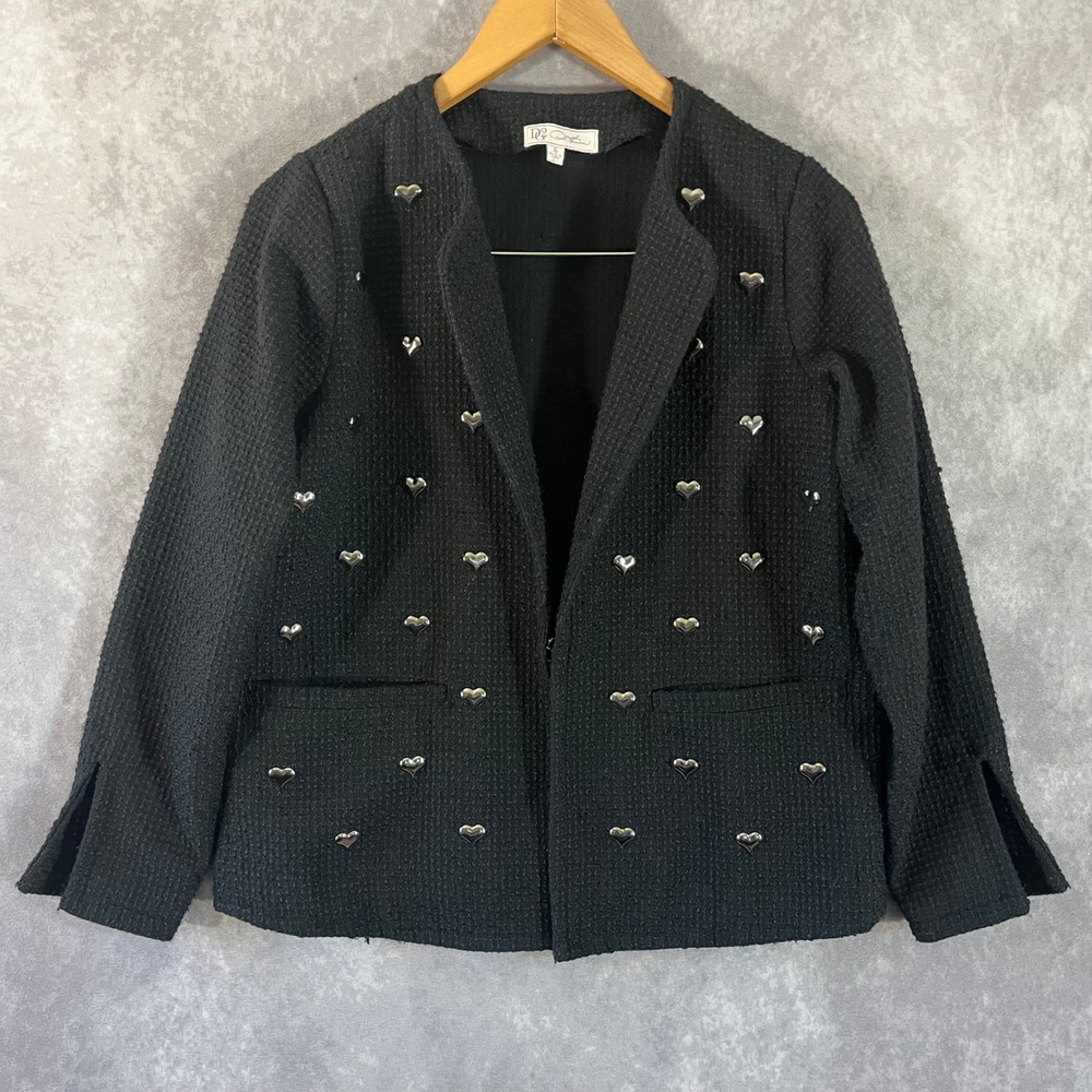 DG2 Diane Gilman Blazer Women Small Black Heart Studded Textured Bouclé Jacket